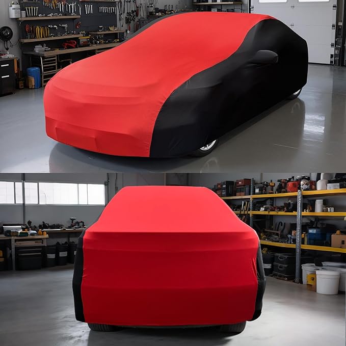 Indoor Car Cover, Universal Stretch Satin Windproof Dust Protection for 181-197 Inch Cars, Breathable Soft Full Cover with Storage Bag for Underground Garage, Car Show, Red & Black