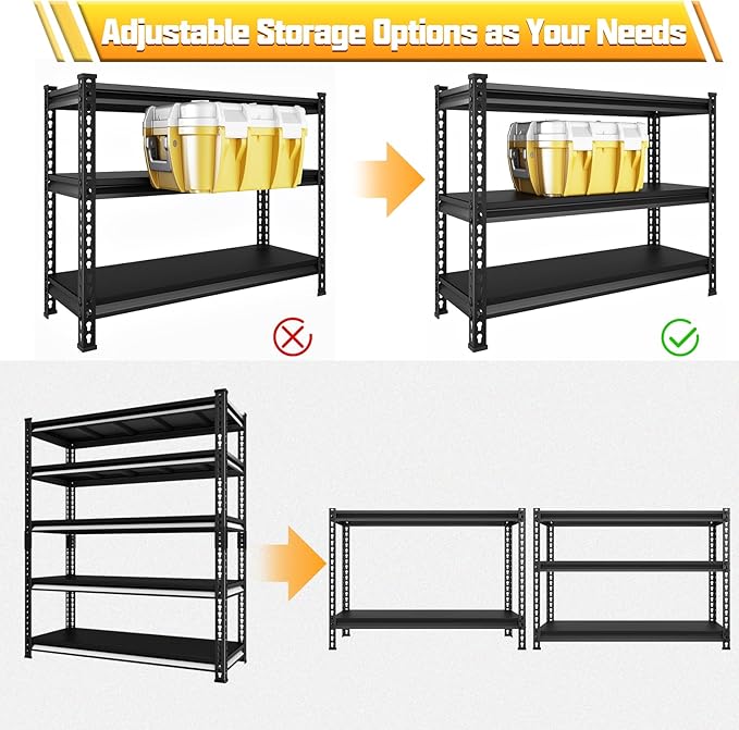 47.2" W Garage Storage Shelves Heavy Duty, 2800LBS Loads Adjustable Garage Shelving, 5-Tier Metal Shelving Units and Storage Racks, Industrial Utility Shelf,47.2" Wx17.7 Dx78 H, Black
