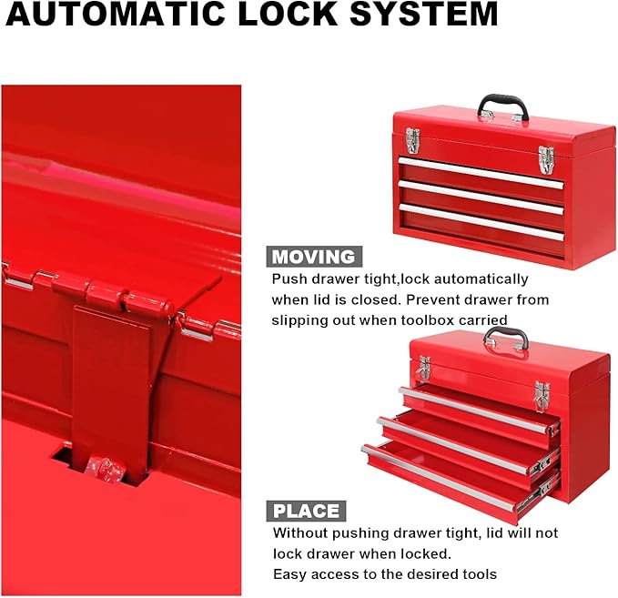BIG RED ANTBD133-XB Torin 20.5" Portable 3 Drawer Steel Tool Box with Metal Latch Closure, Red