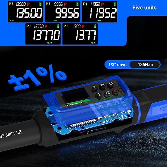 1/2" Digital Torque Wrench 1.5-99.56 Ft-lb (2-135 Nm) with 3/8" Adapter, Electronic Inch Pound Torque Wrench 3/8", 5 Units ±1% Accuracy with Buzzer & LED Alerts for Car Bike Moto