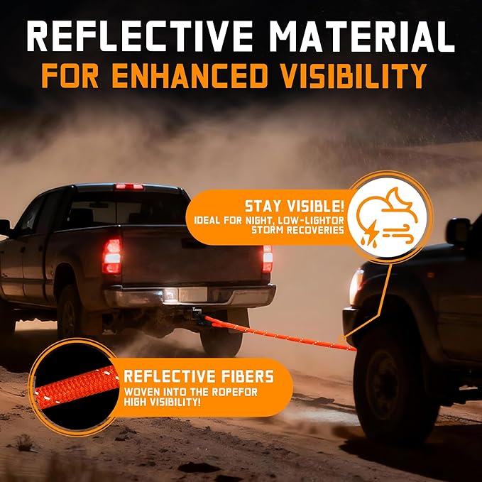 Kinetic Recovery Rope, 48500lbs, 1in x 30ft, Heavy Duty Offroad Tow Rope with 35% Elasticity, Kinetic Tow Rope Recovery for Trucks SUV UTV ATV Tractor, High-Visibility Orange (Reflective)