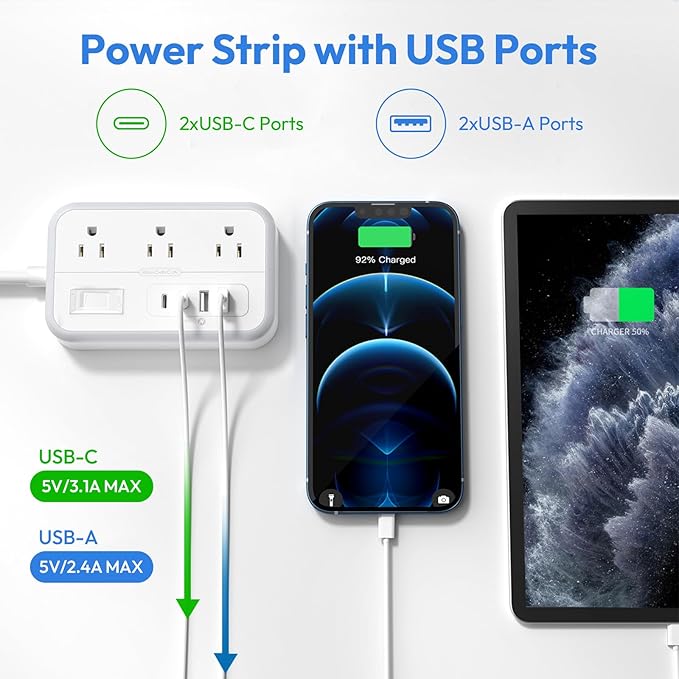 Extension Cord 15 ft, Power Strip with 6 Outlets 4 USB Charger(2 USB C Port), Flat Plug Outlet Extender Long Cord, Protection for Indoor, Home, Office Supplies, Dorm Room Essentials