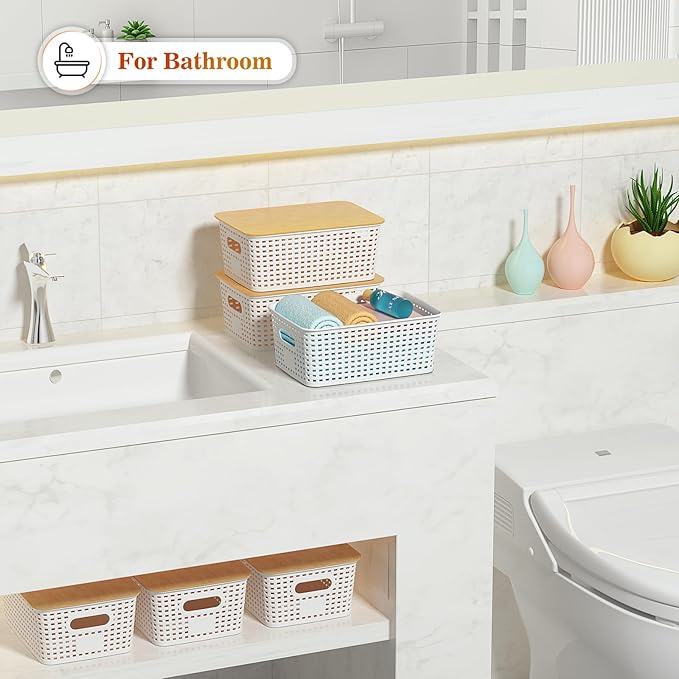 Ohmlove Plastic Storage Baskets With Bamboo Lid - Plastic Storage Containers Stackable Storage bins: Storage Baskets for Organizing Shelves Drawers Desktop Closet Playroom Classroom Office, 6 Pack