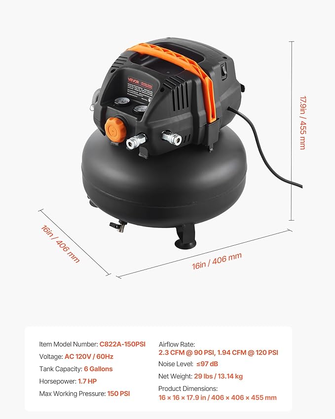 VEVOR 6 Gallon Air Compressor, 1.7HP 2.3CFM @ 90PSI Portable Pancake Air Compressor & 150PSI Max Working Pressure, Oil-Free Compressor Tank for Tire Inflation, Spray Painting, Woodwork Nailing, 120V