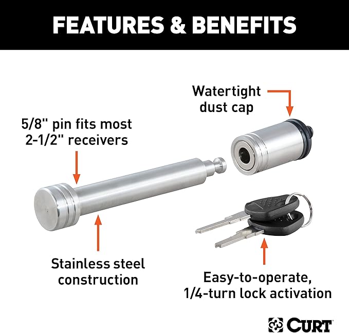 CURT 23519 Stainless Steel Trailer Hitch Lock, 5/8-Inch Pin Diameter, Fits 2 or 2-1/2-Inch Receiver