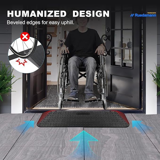 Ruedamann 2" Rise Rubber Threshold Ramp, 42.9" Wide Wheelchair Ramp, 2200 Lbs Capacity, Entry Ramp, Curb Ramp with Non-Slip Surface, for Wheelchairs, Scooter, Power Chairs, Driveways