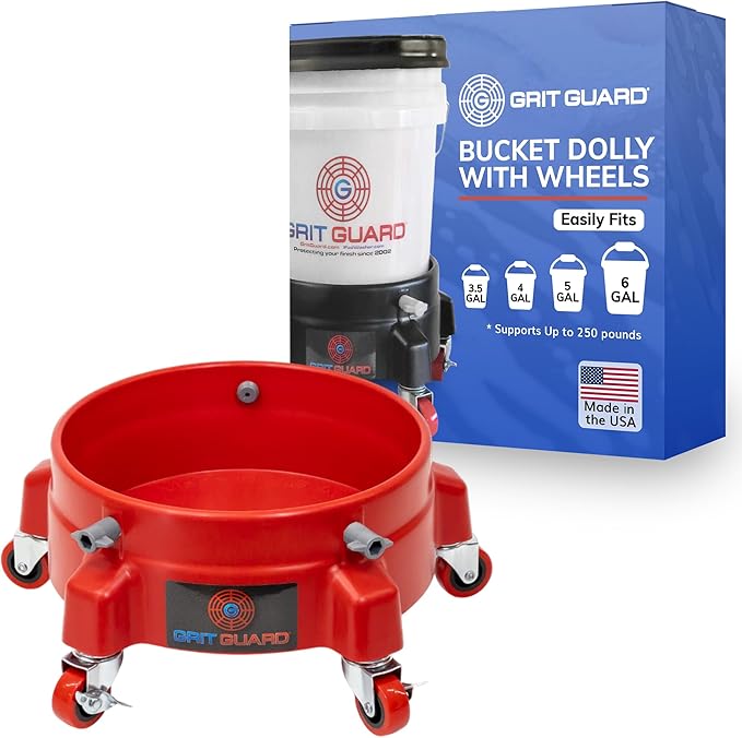 Grit Guard Bucket Dolly with Wheels - Rolling Detailing Wash Bucket with 5 Wheels and 2 Locking Casters Compatible with 2.5, 4, 5 and 6 Gallon Buckets (Red, 2" Red Casters)