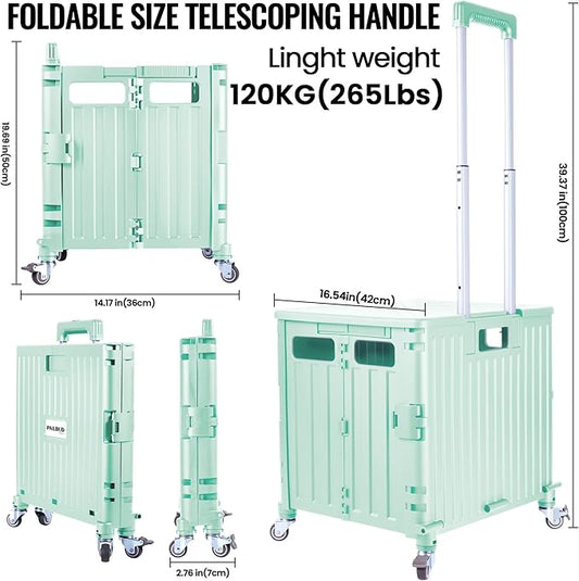 Folding Utility Cart Portable Rolling Crate Handcart Shopping Trolley Collapsible Tool Box, with Lid, Basket on 4 Rotate Wheels, for Grocery, Garden, Office, Storage, Teacher, Tool (Green)