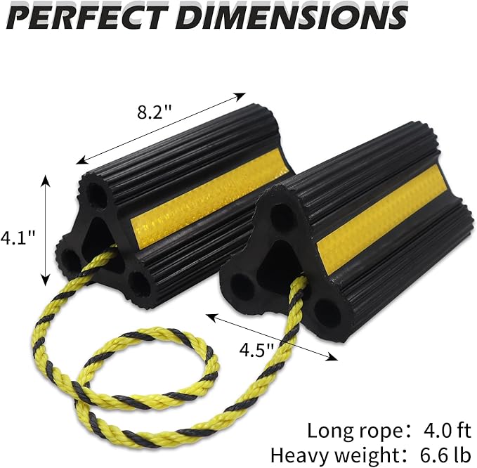 Wheel Chocks for Travel Trailers Camper RV Truck Car, Solid Rubber Sturdiness Heavy Duty Simple Easy to Use, Tires Chock Block Stopper with Nylon Rope Yellow Reflective Tape [8.2" 2pair/4pack]