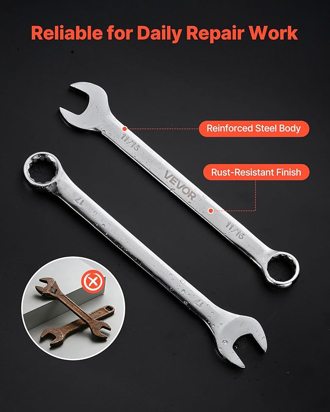 VEVOR Combination Wrench Set, 32-Piece SAE and Metric, 12-Point Box End and 15° Angled Open End Combination Wrenches with Roll Up Pouch, Carbon Steel, for General Household and Automotive Repairs