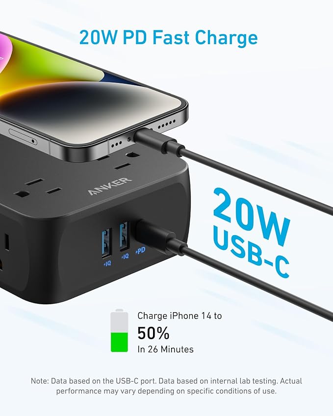 Anker Surge Protector Flat Plug Power Strip 2000J, 10ft Thin Extension Cord, 8 Outlets,2 USB A and 1 USB C Port,20W for iPhone15,Wall Mount,Compact for Home,Office,Room,TUV Listed (Pack of 2)