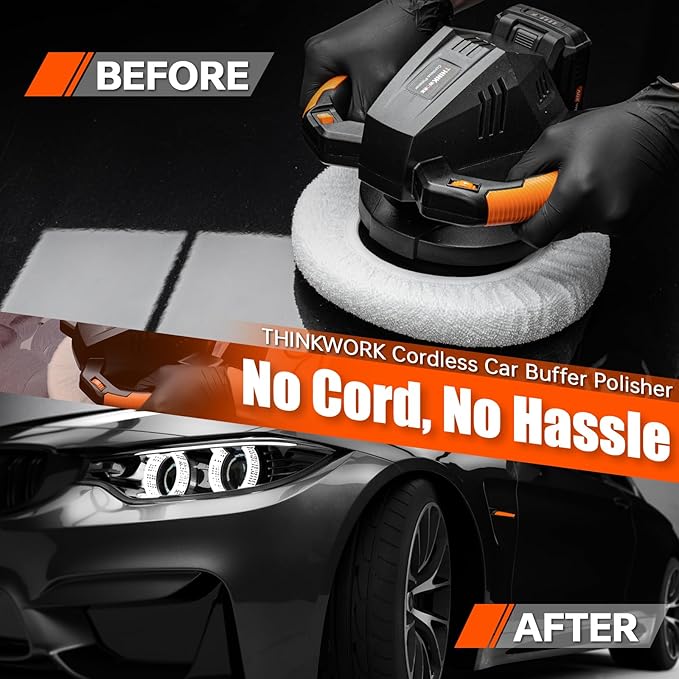 THINKWORK Buffer Polisher, 20V Cordless Buffer Polisher, 10 Inch Portable Polishing Machine Kit for Car, with 2Ah Rechargeable Battery, 6 Variable Speed 1500-3600RPM,Double handle,Ideal for Car Waxing