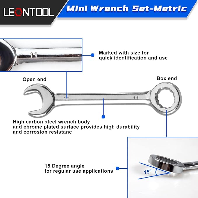 Small Wrench Set Metric 10 Pcs 4mm To 11mm Open End And Box End Spanner Wrenches with Key Ring, Ignition Wrench Set Standard with Portable Storage Pouches