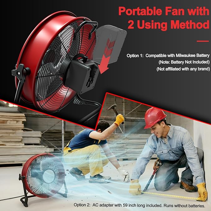 T-SUN 12" Battery Power Floor Fan Compatible with Mil-wau-kee Battery, Outdoor Floor Fan with LED Light, Stepless Speed Cordless Fan, Metal High Velocity for Jobsite Outdoor Camping