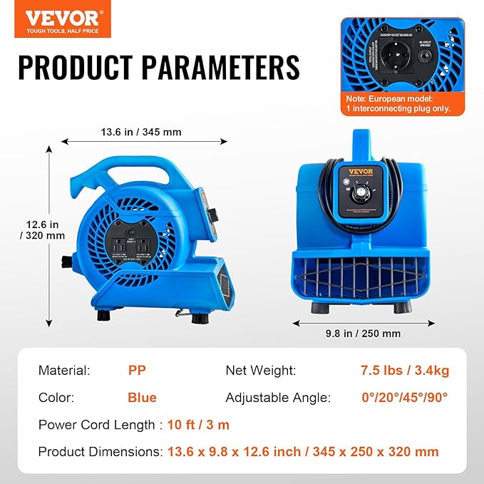 VEVOR Floor Blower, 1360 RPM 600 CFM, Air Mover for Drying and Cooling, Portable Carpet Dryer Fan with 4 Blowing Angles,3-Speeds Adjustment, for Janitorial, Home, Plumbing, Commercial Use