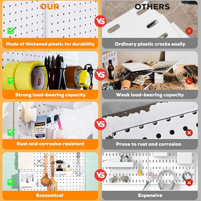 6Pcs Pegboard, Peg Board, Pegboard Wall Organizer, Mount Display Pegboard Kits fit Pegboard Storage, Small Pegboard for Craft Room Garage Kitchen, Peg Boards for Walls - White Pegboards Panels