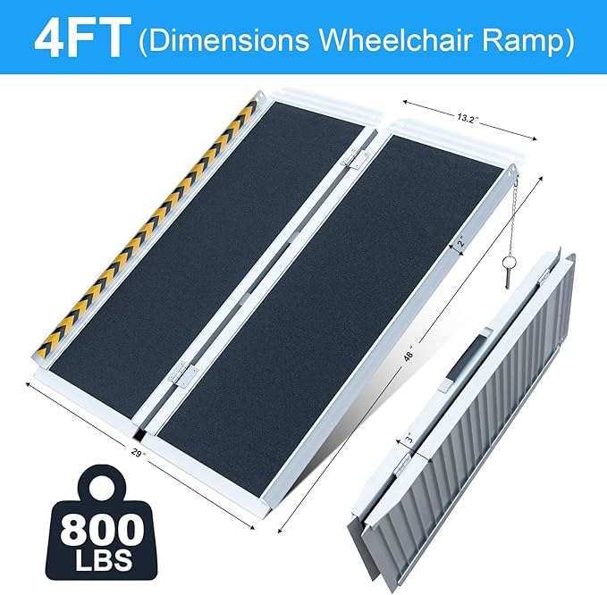 Portable Wheelchair Ramp 4FT, No-Slip Aluminum Folding Handicap Ramp, 800lbs Weight Capacity Wheel Chair Ramp, Suitable for Home Steps, Stairs
