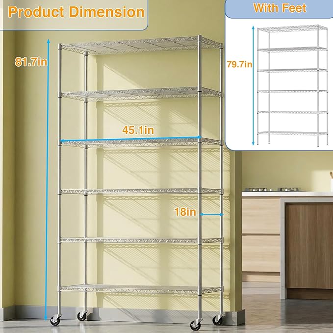 BestOffice | 6-Tier Wire Shelf with Wheels | 45"x18"x82" | Chrome | Adjustable Racks | Heavy-Duty Storage Shelves, Holds Upto 510 lbs | Rust-Resistant, No-Tool Assembly | for Home, Garage Shelving