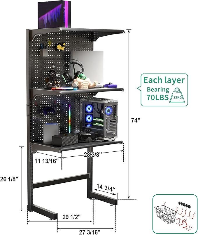 JWX DDB Gaming Standing Shelf Units, 30‘’ Free Standing Gaming Shelf Pegboard Cabinet with Home Office Metal Pegboard and 15 Pieces Organizer Tool Holders