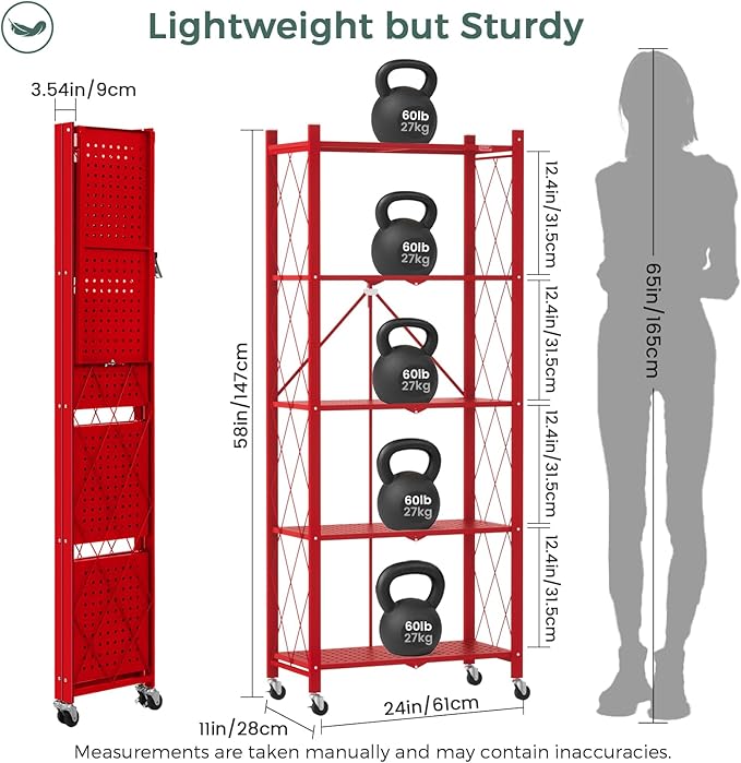 DEANIC 5-Shelf Folding Bookcase with Wheels, Heavy Duty Storage Shelves, Freestanding Metal Wire Shelving Unit for Living Room, Office, Kitchen, Basement, Pantry(Red)