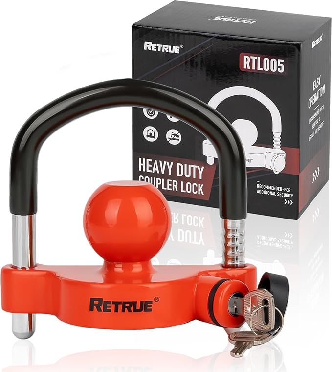 RETRUE Universal Trailer Ball Lock Hitch Coupler Locks Fits 1-7/8 Inch, 2 Inch, 2-5/16 Inch Couplers Adjustable Security with Weatherproof Cover and Cap, Red