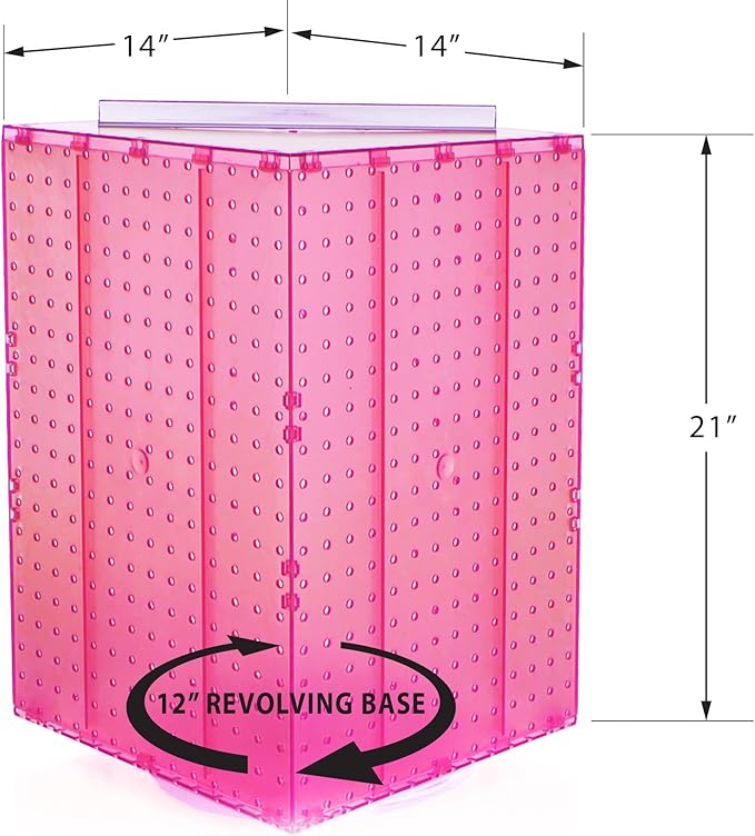 Azar Displays 701414-PNK Rotating Display Stand - 4-Sided Display Racks Peg Display Carousel (14” W x 14” D x 20” H) - Easy Assemble Revolving Display for Retail - Pegboard Organizer, Pink