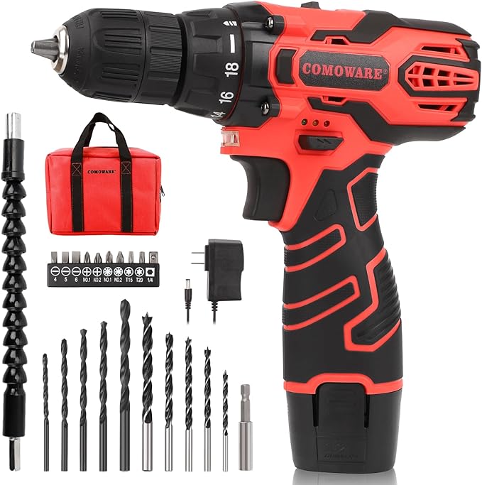 COMOWARE Cordless Drill Set, 12V Power Drill, 1 Battery, 3/8" Keyless Chuck,0-450 & 0-1500 RPM, 10pcs Screwdriver Bits, Red
