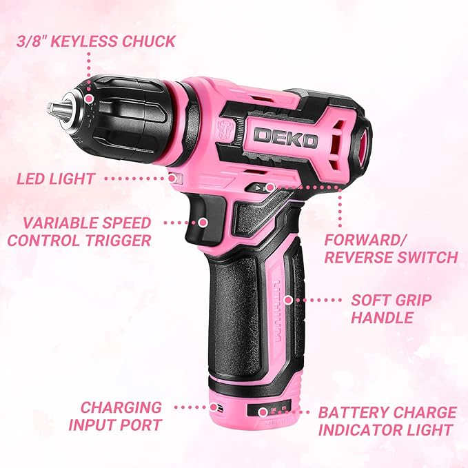 Cordless Drill：DEKOPRO 12V Power Drill Set with Pink 800RPM Electric Drills with Tool Set Gift Box, Pink Drill Set for Women