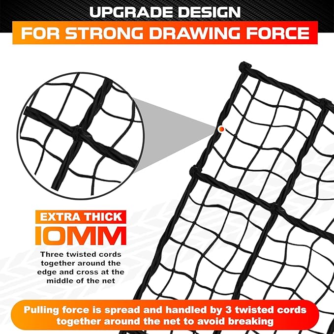 [Premium] 5'x7' Heavy Duty Cargo Net Stretches to 10' x 14', Extra Thick 10mm Cord Bungee Cargo Netting for Pickup Truck Bed, Roof Rack Net & 12 PCS Steel Carabiners