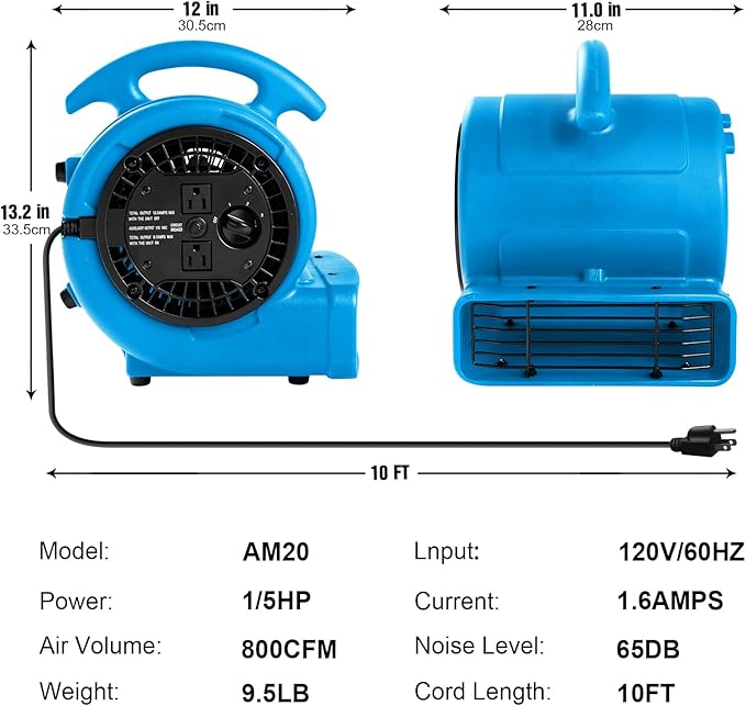 MOUNTO 1/5hp Air Mover 800cfm Blower Fan Carpet Floor Drying Fan - 3-Speed Compact Air Mover w/Dual Outlet, 10ft Power Cord for Drying, Cooling, Air Circulation (Blue)