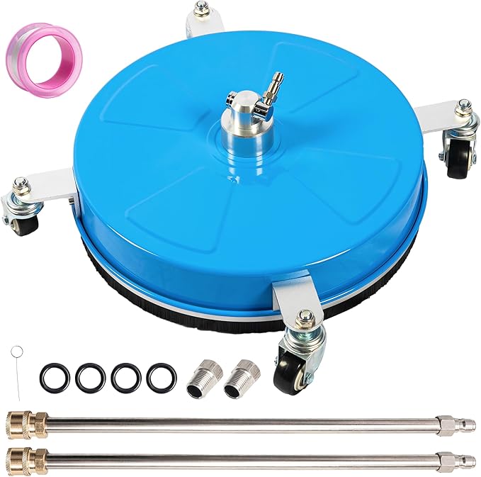 16" Pressure Washer Surface Cleaner with 4 Wheels, Coated Blue Stainless Steel Power Washer Surface Cleaner for Driveway Sidewalk Patio, 1/4" Quick Connector, 2 Extension Wand, 4000 PSI