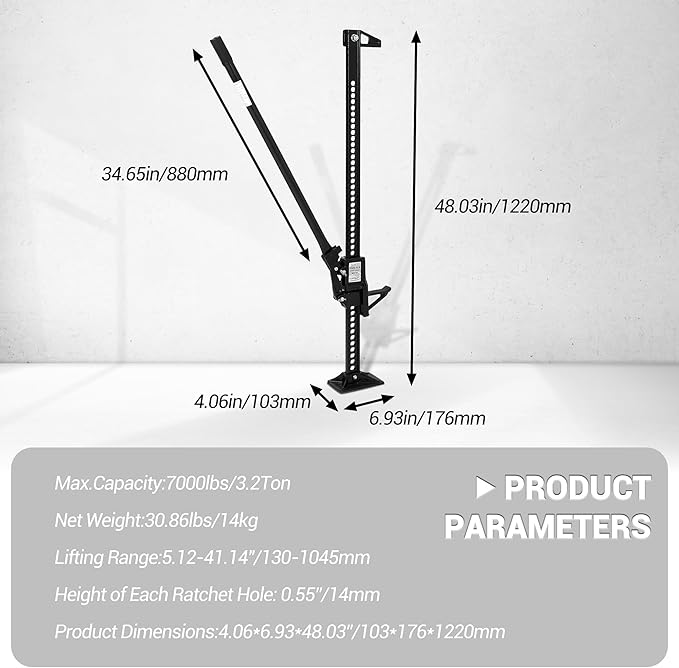 GarveeTech 48" Farm Jack, 3 Ton Capacity Ratcheting Off Road, Utility Heavy-Duty F-arm J-ack for Tractor, Truck, SUV, Lift Height 5.12-41.14 inches