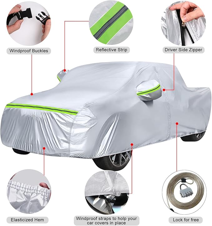 Waterproof Car Covers Replace for 2021-2025 Hyundai Santa Cruz, 6 Layers Silver All Weather Custom-fit Car Cover with Zipper Door & Windproof Bands for Snow Rain Dust Hail Protection