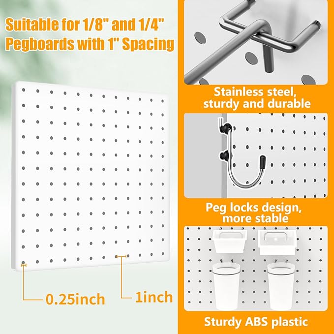 FZK Peg Board, 74PCS Metal Pegboard Wall Organizer Kit. Heavy Duty Pegboard, White Pegboard for Garage Craft Room Workbench Office Kitchen Tool Organization, 24 * 24