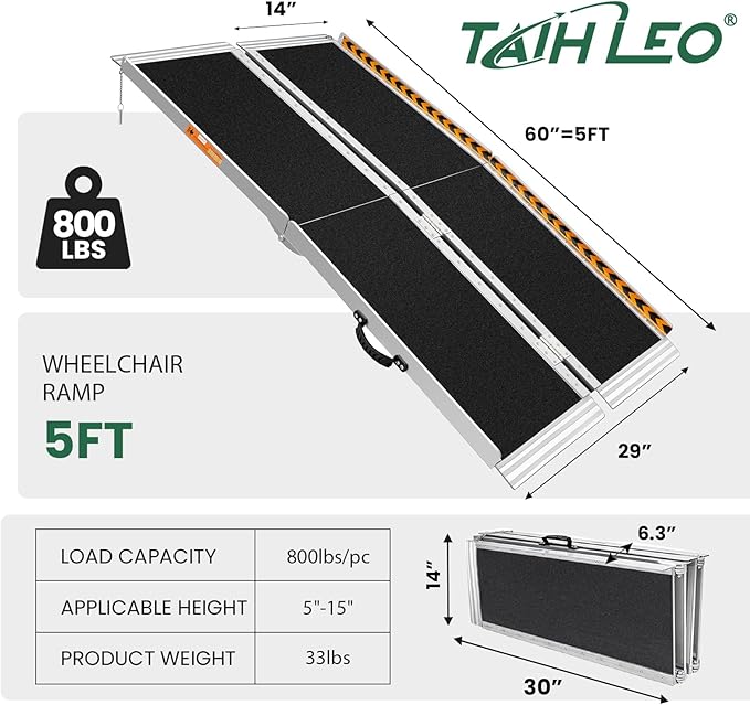 Wheelchair Ramp 5 Feet, Portable Ramps for Wheelchairs for Home, 800LBS Capacity Folding Non-Slip Aluminum Handicap Ramp, Wheel Chair Ramp for Home Steps, Stairs, Doorways, Car, Curbs