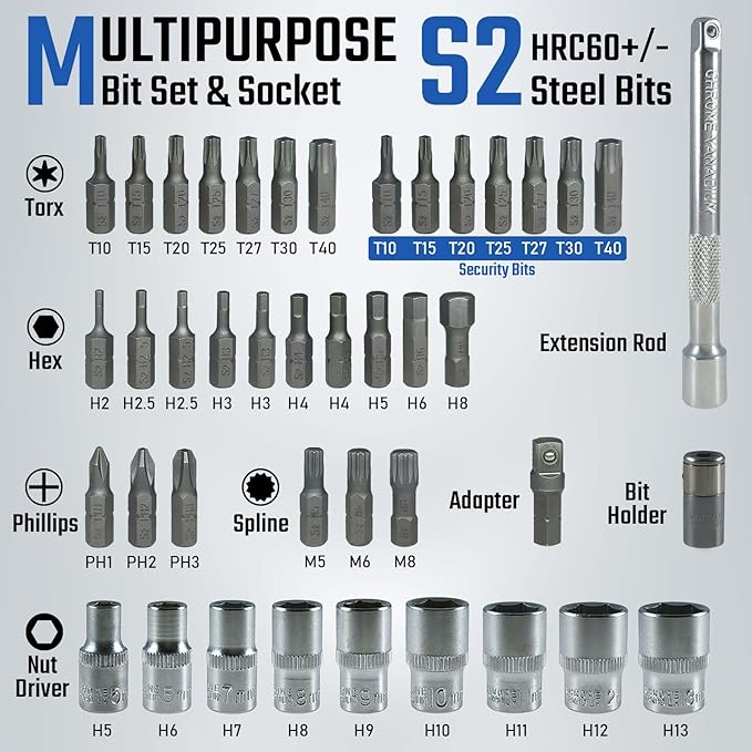 1/4-Inch Drive 20-200 Inch Pound Torque Wrench Kit (2.26-22.6 Nm) for Carbon Bikes Maintenance, 1/4'' Drive, 72-Tooth Gear Ratchet, 43in1 Set with 30pcs S2 Steel Bits and 9pcs CrV Sockets