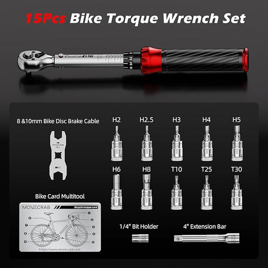 1/4" Drive Click Torque Wrench Set 3-25 N.m/2.21-18.43 Ft.lb, 15-Piece Bike Torque Wrench Kit for MTB & Cycling Maintenance with 8/10mm Brake Cable Wrench, Bits, Card