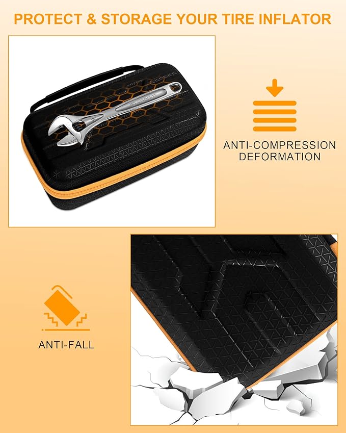 Tire Inflator Case for Airmoto/Skight/LOLSSA/Teffim/Hafuloky/Frarome/ILTIDE, Portable Carrying Air Compressor Case Compatible 120/150 / 180 PSI, Car Air Pump Storage Holder Box (black+orange)