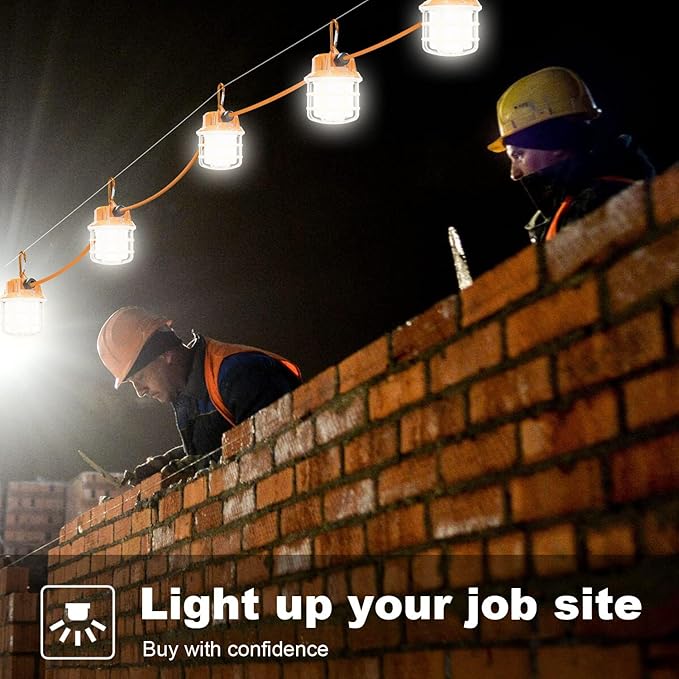 NS 100FT Construction String Lights 150W LED Industrial Grade 15000LM 5000K IP65 Linkable for Construction Sites, Temporary Work, Renovation, Jobsite,All Outdoor Lighting, with 10 Bulbs and Hook