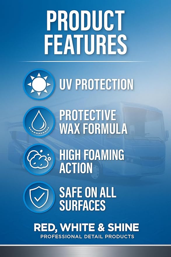 RV Wash and Wax Soap - High Foam Soap Cleaner - Use with Bucket and Water or Foam Cannon. Ultimate RV Detailing Car Wash - UV Protection & Wax - Streak Free - Spot Free - RV and Camper - 1 Gallon