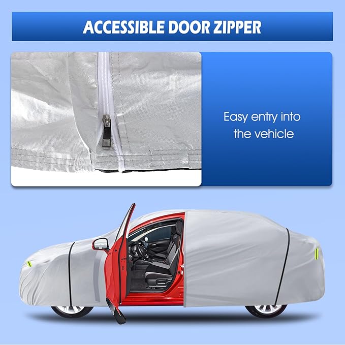 6 Layers Car Cover Waterproof All Weather for Automobiles, Size A2 with Door Zipper & Cotton Universal Fit for Toyota Corolla, Honda Civic, Kia Forte (178-186 inch), Silver