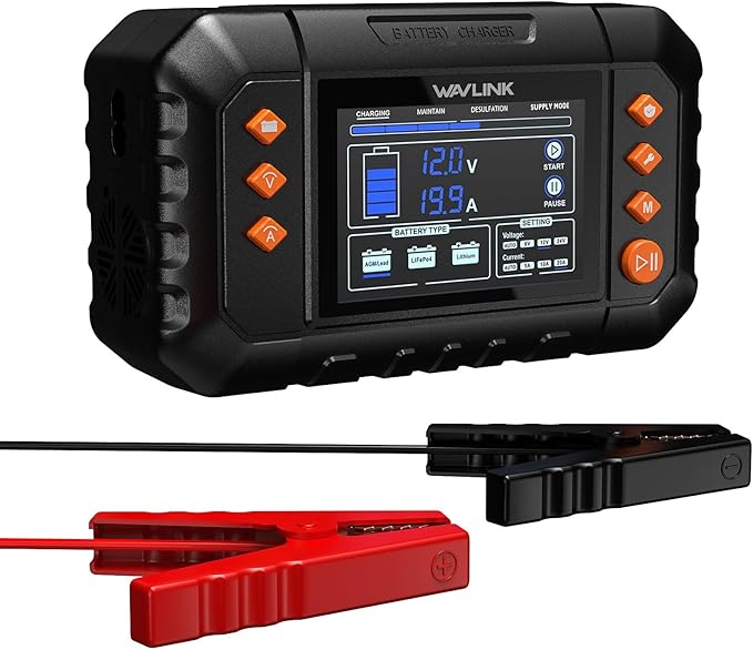WAVLINK 280W Smart Battery Charger, Max. 20A Trickle Charger with LCD Display, for 6V/12V/24V Lead-Acid/Lithium/LiFePO4 Batteries, Battery Maintainer and Desulfurizer for Cars (20-amp)