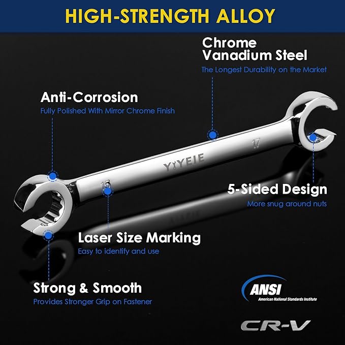 Flare Nut Wrench Set, Metric 5-Piece, Brake Line Wrench Set 9, 10, 11, 12, 13, 14, 15, 17, 19, 21 mm, CR-V Steel, with Roll-up Pouch