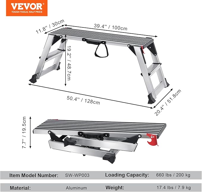 VEVOR Folding Work Platform, 40"×12"×20" Aluminum Drywall Stool Ladder, 660 lbs Load Capacity Heavy Duty Work Bench w/Non-Slip Feet, Ideal for Washing Vehicles, Cleaning, Painting, Decorating