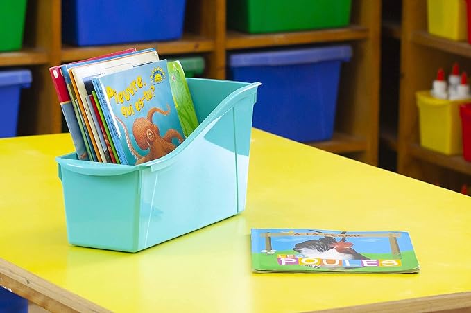Storex Large Book Bin, Interlocking Plastic Organizer for Home, Office and Classroom, Green, 6-Pack (71104A06C)