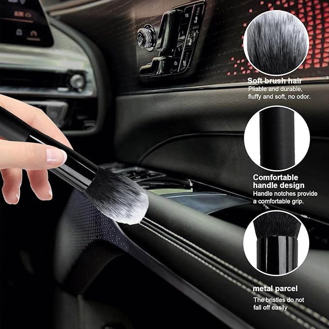 Ziciner Car Detailing Brush, Curved Soft Bristles Auto Removal Dust Collectors, Universal Vehicle Dashboard, Air Conditioner Vents etc Interior Cleaning Tool Accessory (Long-Black/White)