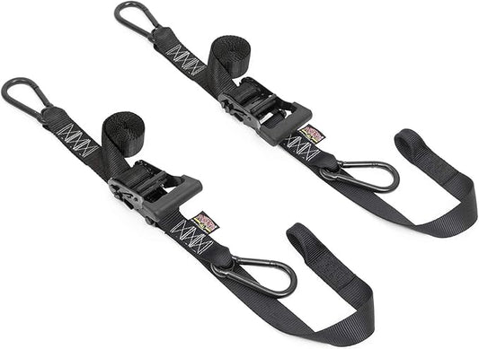 PowerTye 1.5in x 6.5ft Heavy-Duty Special Edition Ratchet Straps with Soft-Tye and Black Carabiner Hooks - 1,000 lb Working Load Limit - Made in USA - Black (Pair)