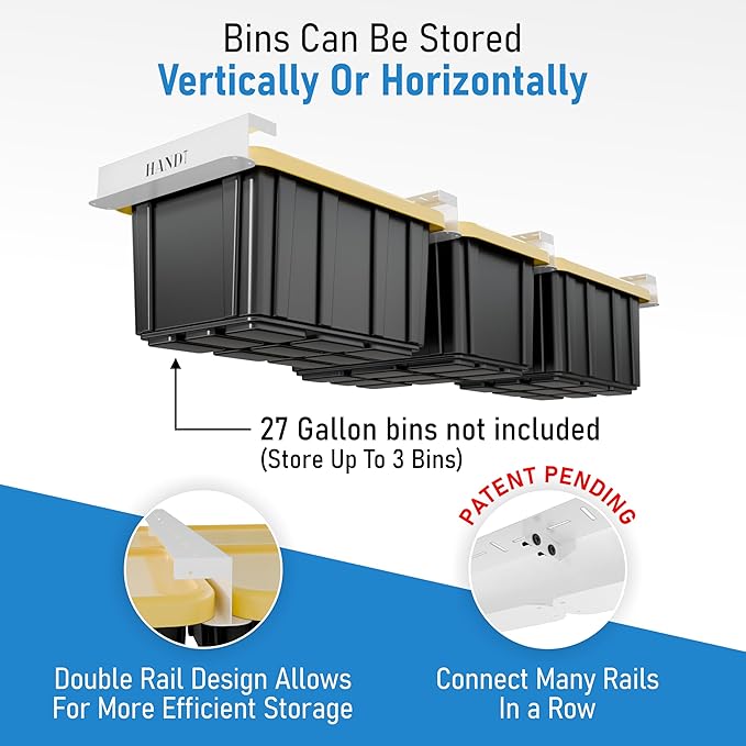 HANDT Overhead Garage Storage Rack, Connectable Heavy Duty Metal Ceiling Rails For Garage Storage Organization Shelving System, Hanging Racks For Tote Containers, Supports Up To 3 Bins, 2 Sets White
