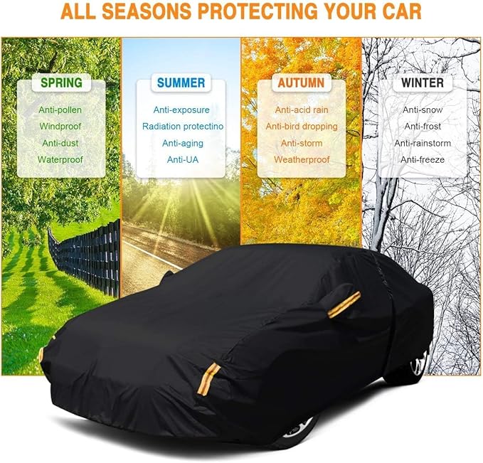 NEVERLAND Sedan Car Cover Waterproof Heavy Duty All Weather Protection Snow Anti-UV Windproof Outdoor Full Car Cover Fit for Automobiles BMW/Mercedes-Benz/Honda（for Car Size:183''L x 70''W x 59''H）