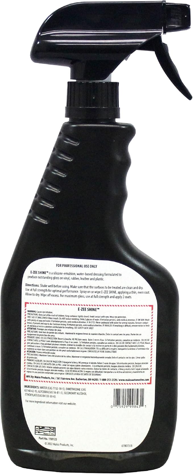Malco E-ZEE Shine Dressing – Premium Emulsion-Style Dressing for Vehicles/Works on Leather Plastic, and Rubber/Produces Deep Glossy Shine / 22 oz. (118122)